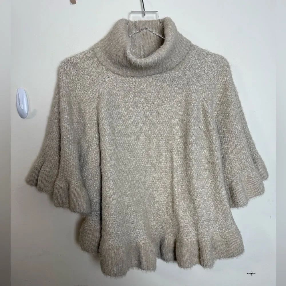 Anthropologie Turtleneck‎ Poncho Beige 3/4 Sleeve Ruffle Trim Cape Sweater